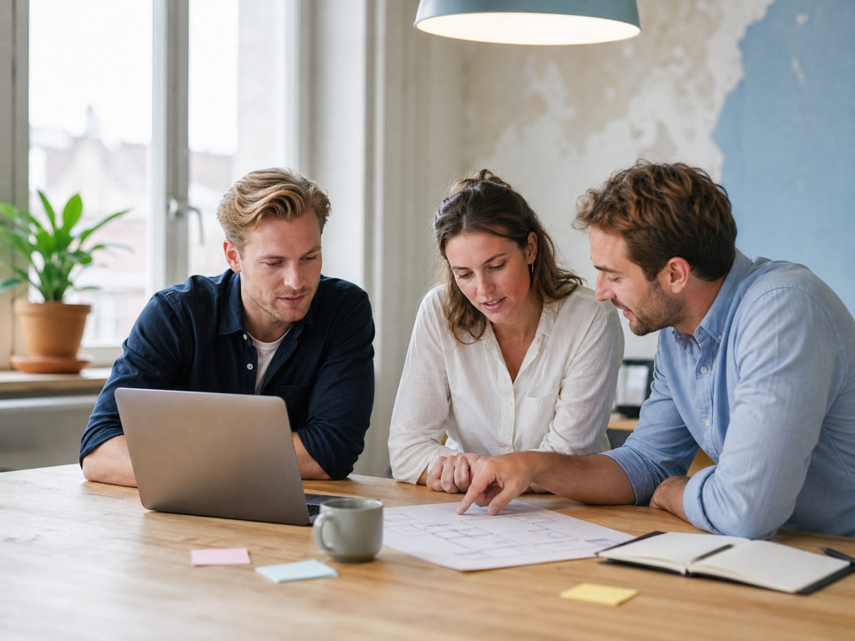Drie collega's aan een werktafel bekijken samen een laptop en een uitgeprint processchema